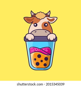 Cute cow Drinking Boba milk tea.