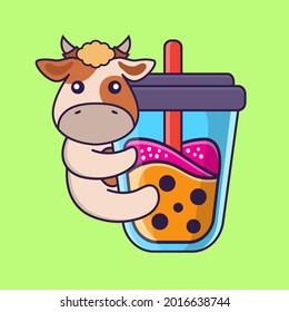Cute cow Drinking Boba milk tea.