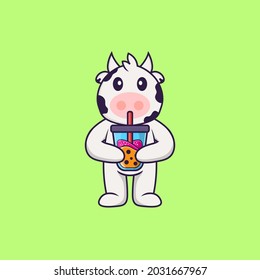 Cute cow Drinking Boba milk tea. Animal cartoon concept isolated. Can used for t-shirt, greeting card, invitation card or mascot.