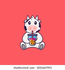 Cute cow Drinking Boba milk tea. Animal cartoon concept isolated. Can used for t-shirt, greeting card, invitation card or mascot.