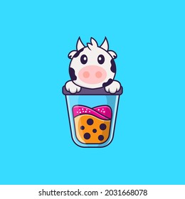 Cute cow Drinking Boba milk tea. Animal cartoon concept isolated. Can used for t-shirt, greeting card, invitation card or mascot.