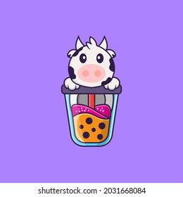 Cute cow Drinking Boba milk tea. Animal cartoon concept isolated. Can used for t-shirt, greeting card, invitation card or mascot.