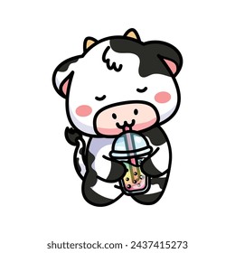 cute cow drinking boba, vector illustration