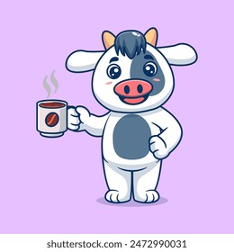 Cute cow drinking coffee cartoon icon illustration. Animal drink icon concept isolated flat cartoon style