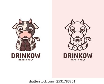 Süße Kuh, die ein Glas Milch mit einem Stroh trinkt. Mascot Logo Design für Milchviehbetrieb und Milchunternehmen.