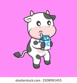 Cute Cow Drinking Milk Cartoon Vector Icon Illustration. Animal Drink Icon Concept Isolated Premium Vector. Flat Cartoon Style