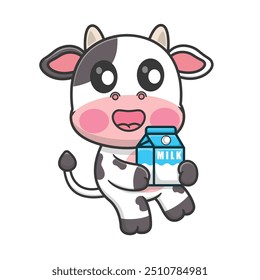Cute Cow Drinking Milk Cartoon Vector Icon Illustration. Animal Drink Icon Isolated Premium Vector. Food Cartoon Style