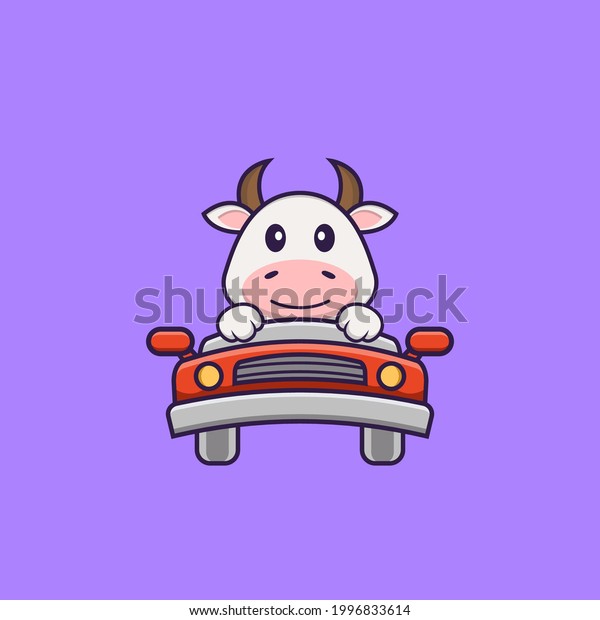 Cute\
cow is driving. Animal cartoon concept isolated. Can used for\
t-shirt, greeting card, invitation card or\
mascot.