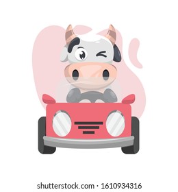 Cute cow driving car cartoon design vector