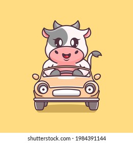 Cute cow driving the car cartoon