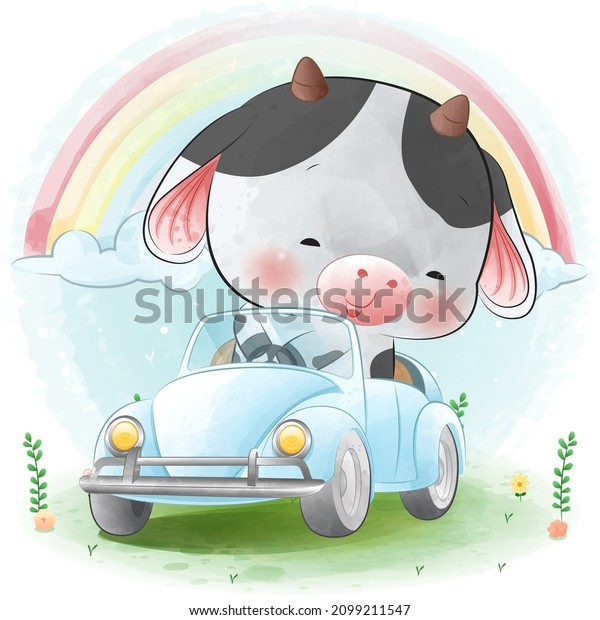 Cute cow driving car cartoon illustration
watercolor style