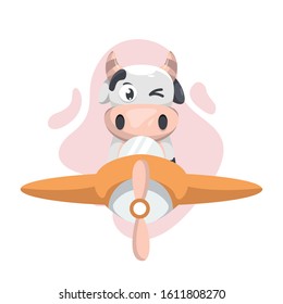 Cute cow driving plane cartoon design vector