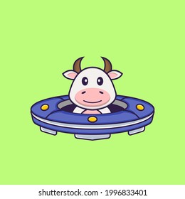 Cute cow Driving Spaceship Ufo. Animal cartoon concept isolated. Can used for t-shirt, greeting card, invitation card or mascot.