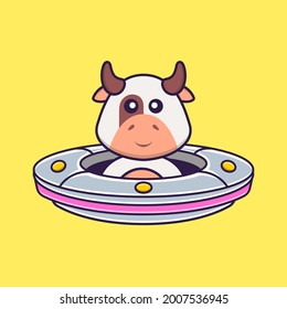 Cute cow Driving Spaceship Ufo. Animal cartoon concept isolated. Can used for t-shirt, greeting card, invitation card or mascot.