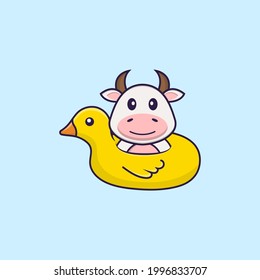 Cute cow With Duck buoy. Animal cartoon concept isolated. Can used for t-shirt, greeting card, invitation card or mascot.