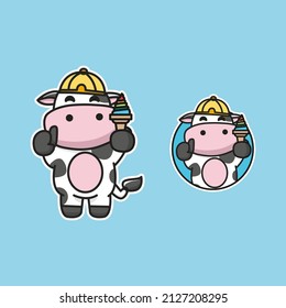 Cute Cow eat Ice cream Mascot illustration