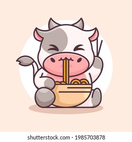 Cute cow eat ramen noodle cartoon