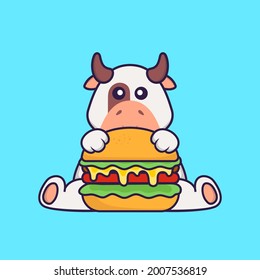 Cute cow eating burger. Animal cartoon concept isolated. Can used for t-shirt, greeting card, invitation card or mascot.