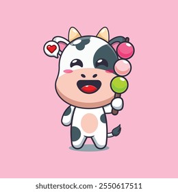 Cute cow eating dango cartoon vector illustration. vector cartoon illustration suitable for poster, brochure, web, mascot, sticker, logo and icon.