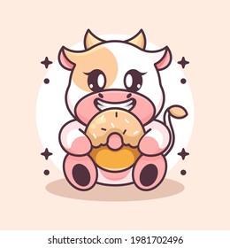 Cute cow eating doughnut cartoon