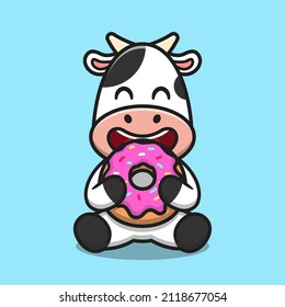 Cute cow eating doughnut cartoon vector icon illustration. Animal food icon concept isolated premium vector. Flat cartoon style