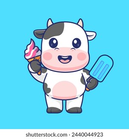 Cute Cow Eating Ice Cream Cartoon Vector Icon Illustration. Animal Food Icon Concept Isolated Premium Vector. Flat Cartoon Style