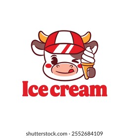 Logotipo de cone de sorvete comendo vaca bonito para logotipo de loja de sorvete