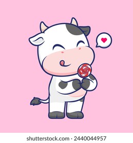 Cute Cow Eating Lollipop Candy Cartoon Vector Icon Illustration. Animal Food Icon Concept Isolated Premium Vector. Flat Cartoon Style