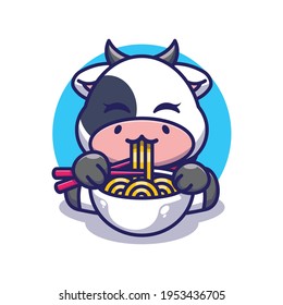 Cute cow eating ramen with chopstick cartoon