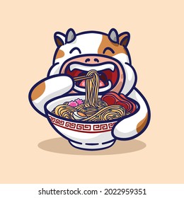 CUTE COW EATING RAMEN WITH CHOPSTICK KAWAII CARTOON