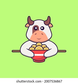 Cute cow eating ramen noodles. Animal cartoon concept isolated. Can used for t-shirt, greeting card, invitation card or mascot.