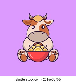 Cute cow eating ramen noodles.
