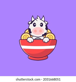 Cute cow eating ramen noodles. Animal cartoon concept isolated. Can used for t-shirt, greeting card, invitation card or mascot.
