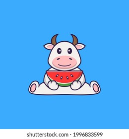 Cute cow eating watermelon. Animal cartoon concept isolated. Can used for t-shirt, greeting card, invitation card or mascot.