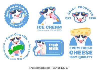 Cute cow emblems. Advertising labels, funny farm mascot, animal with milk, cheese and ice cream, dairy products, packaging stickers templates, organic food classy vector cartoon set