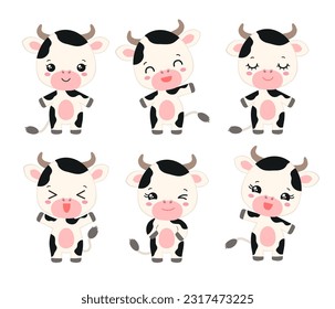 Cute cow emoji icon set for messenger or game. Cartoon calf vector. Kawaii cow farm animal icons. Adorable emoticons smiling children fun character. Happy facial expressions. Anime comic little cow.