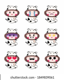 diseño vectorial del conjunto de emoticones de vaca linda