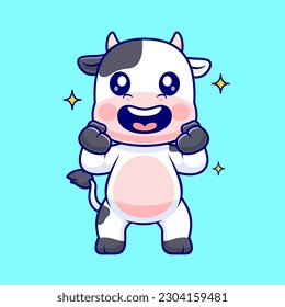 Cute Cow Excited Cartoon Vector Icon Illustration. Animal Nature Icon Concept Isolated Premium Vector. Flat Cartoon Style