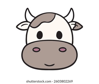 Cute cow face cartoon colored character doodle hand drawn icon. drawing cute cow face cartoon clipart symbol. Vector illustration