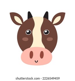 Cute cow face in cartoon style. Farm character head for baby and kids design. Funny smiling animal print. Vector illustration