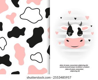 Cute cow face and cow skin seamless patterns. Vector print for kids