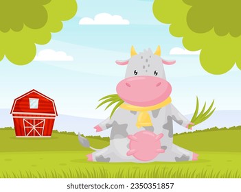 Cute Cow Farm Animal Sitting on Green Lawn and Chewing Grass Vector Illustration