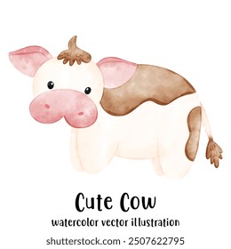 Cute Cow, Farm Animal, Watercolor style. Vector illustration