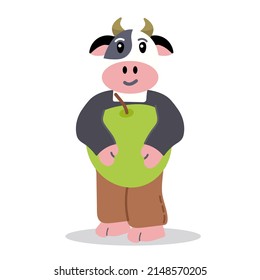 Cute cow farmer holding a big apple, attractive cartoon animal dressed in human clothes. Vector Illustration