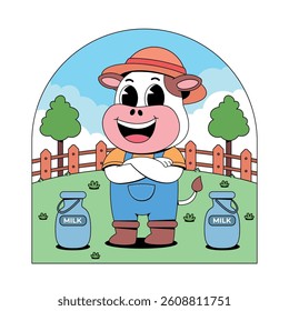 Cute cow farmer with milk cartoon