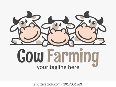 Cute cow farming logo with three funny calfs. Market cow icon. Farmer sign. 