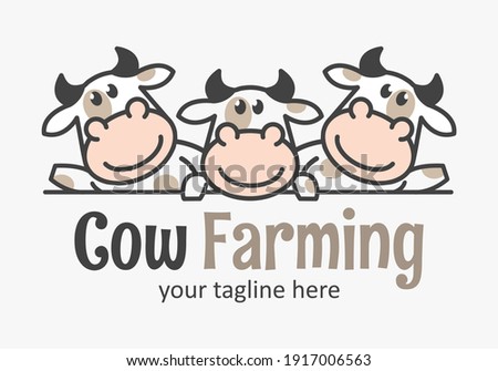 Cute cow farming logo with three funny calfs. Market cow icon. Farmer sign. 
