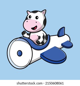 Cute Cow Flight With Plane Cartoon Vector Icon Illustration. Animal Transportation Icon Concept Isolated Premium Vector.