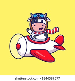Cute Cow Fligt With Plane Cartoon Vector Icon Illustration. Animal Transportation Icon Concept Isolated Premium Vector. Flat Cartoon Style