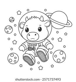 Cute cow floating in space wearing astronaut suit for coloring